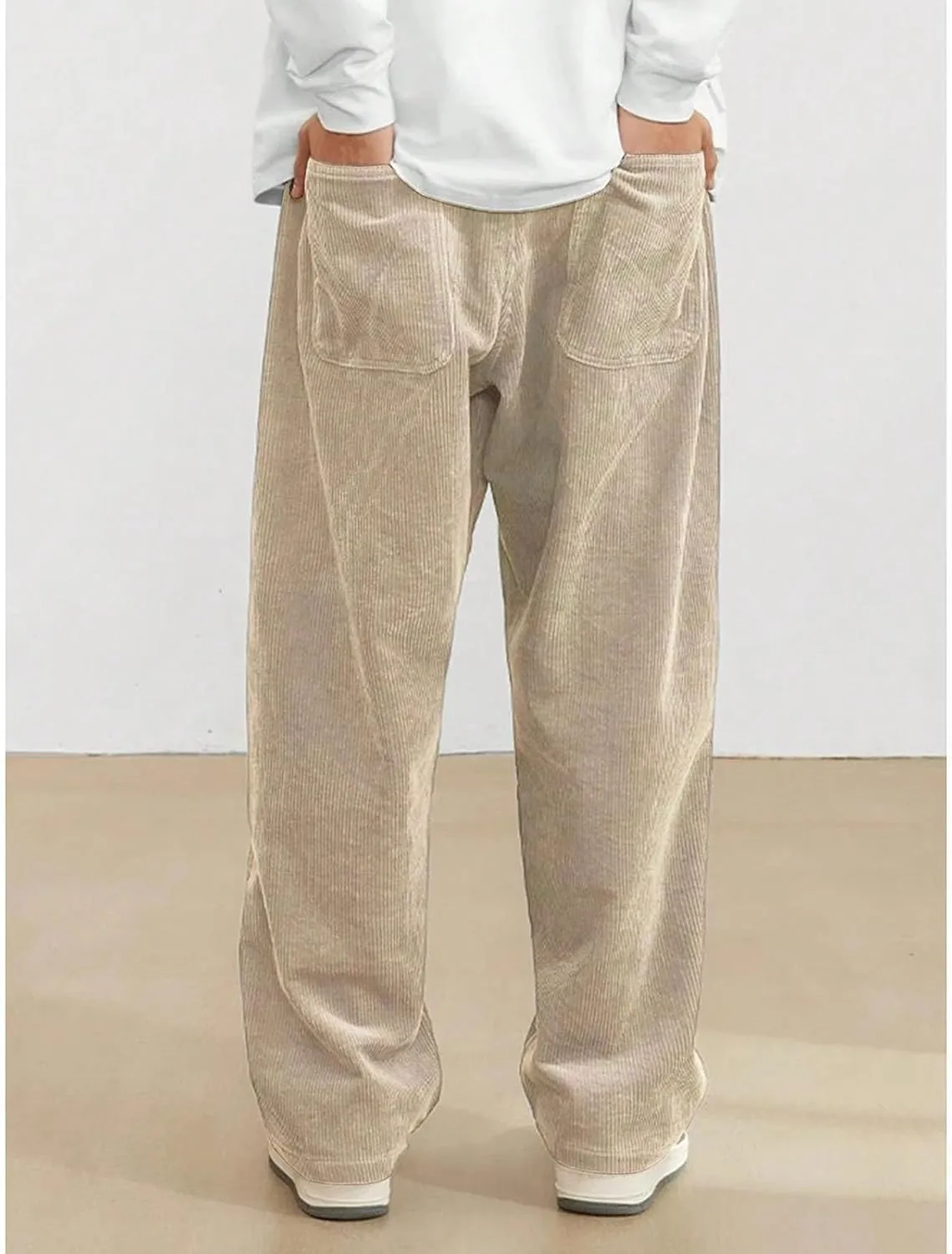 Mens Corduroy Cargo Pants Baggy Casual Straight Leg Sweatpants Drawstring Elastic Waist Relaxed Fit Pants with Pocket