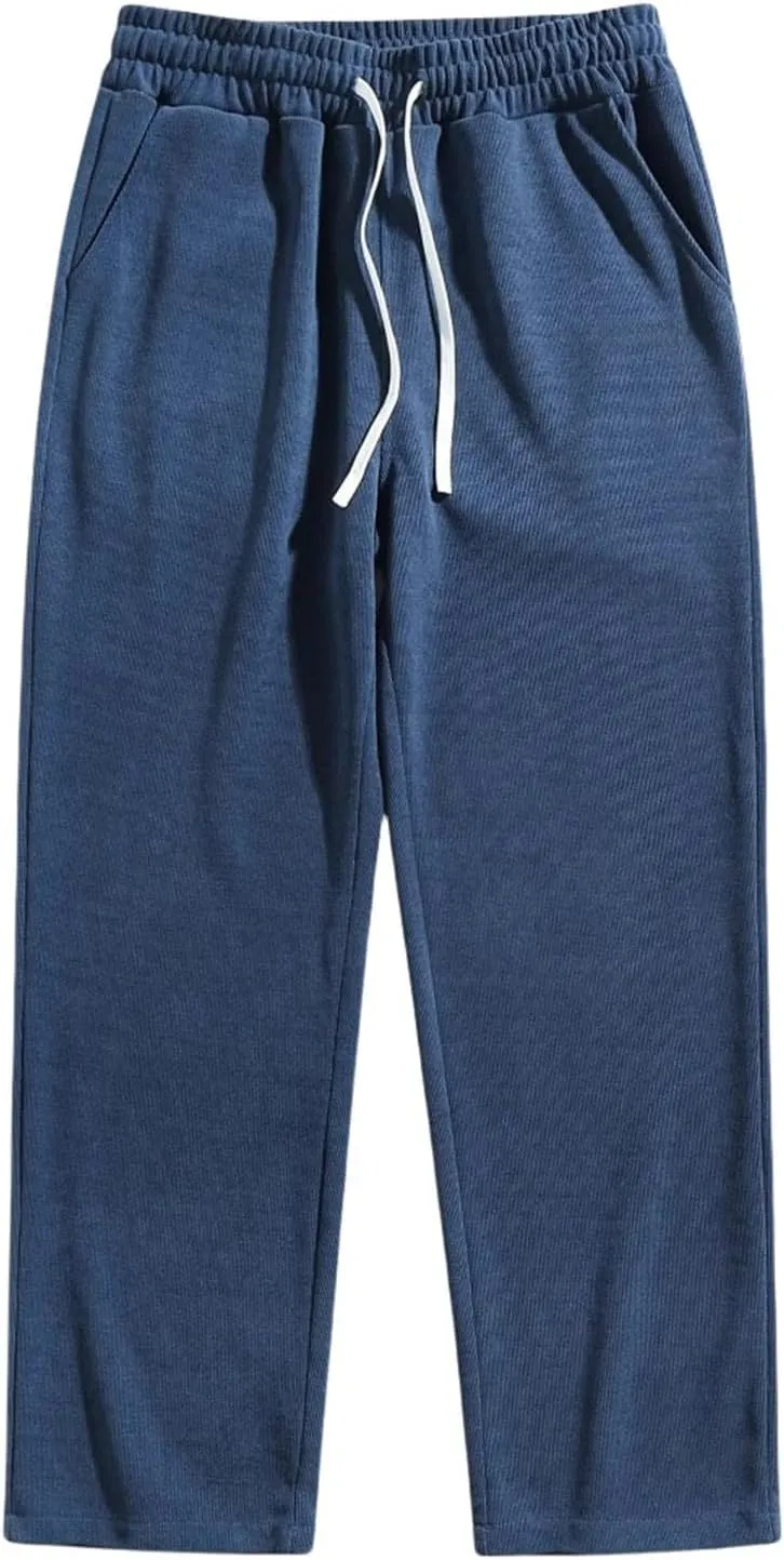 Mens Corduroy Cargo Pants Baggy Casual Straight Leg Sweatpants Drawstring Elastic Waist Relaxed Fit Pants with Pocket