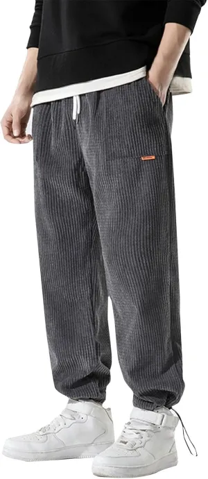 Mens Corduroy Pants Casual Drawstring Elastic Waist Tapered Trendy Spring Sweatpants Solid Outdoor Trousers