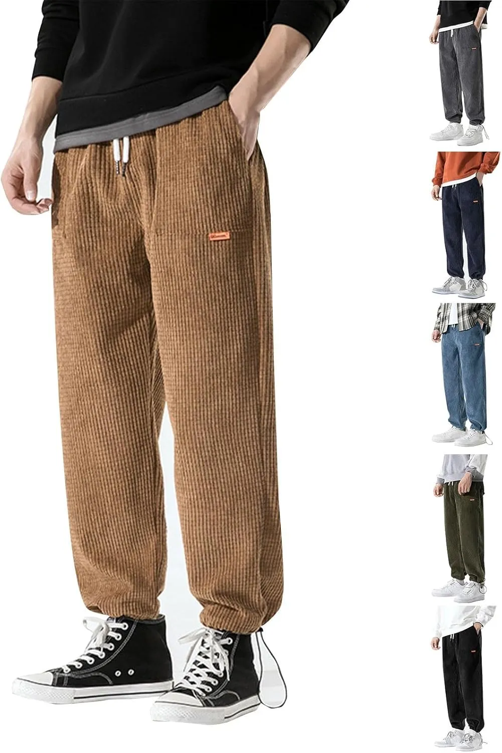 Mens Corduroy Pants Casual Drawstring Elastic Waist Tapered Trendy Spring Sweatpants Solid Outdoor Trousers