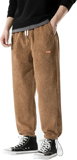 Mens Corduroy Pants Casual Drawstring Elastic Waist Tapered Trendy Spring Sweatpants Solid Outdoor Trousers