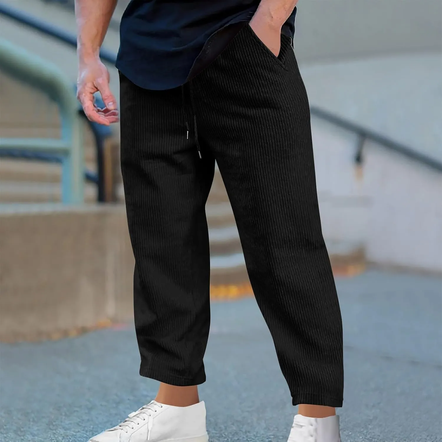 Men's Corduroy Pants Lightweight Casual Loose Drawstring Elastic Waist Straight Wide Leg Trousers with Pockets