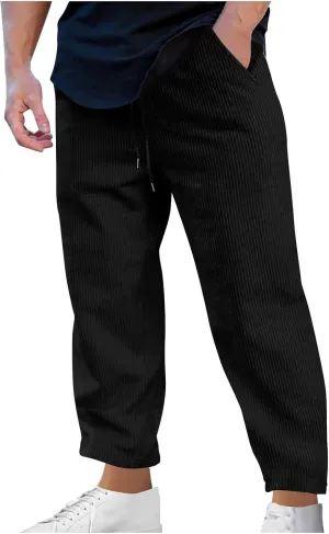Men's Corduroy Pants Lightweight Casual Loose Drawstring Elastic Waist Straight Wide Leg Trousers with Pockets