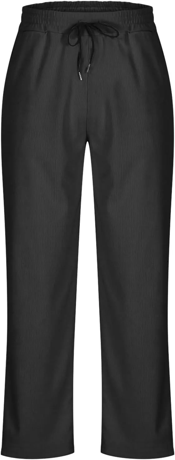 Men's Corduroy Pants Lightweight Casual Loose Drawstring Elastic Waist Straight Wide Leg Trousers with Pockets