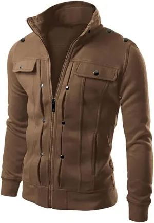 Mens Cotton Lightweight Jackets Multi Pockets Zip Stand Collar Windbreaker Slim Fit Work Coat Fall Winter Sport Top