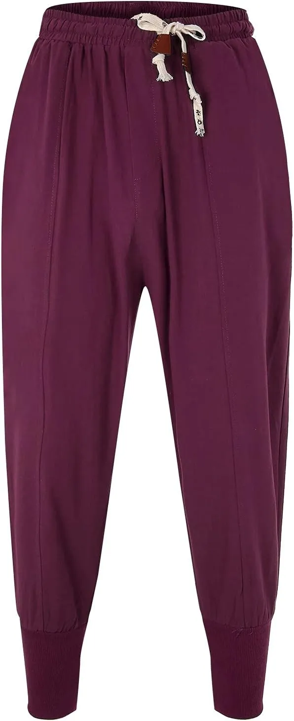 Men's Cotton Linen Pants Drawstring Elastic Waist Cinch Bottoms Summer Beach Pants Loose Fit Drop Crotch Trousers