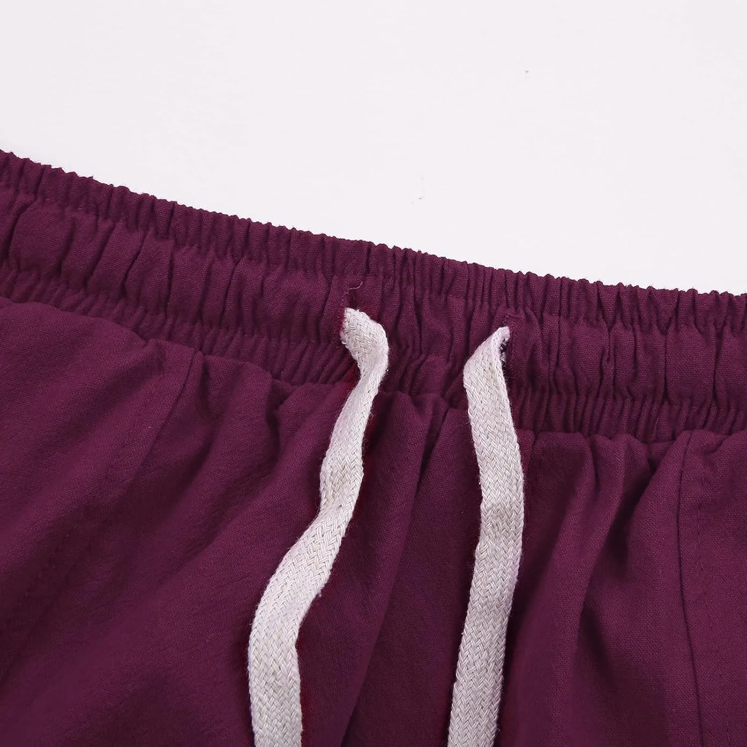 Men's Cotton Linen Pants Drawstring Elastic Waist Cinch Bottoms Summer Beach Pants Loose Fit Drop Crotch Trousers