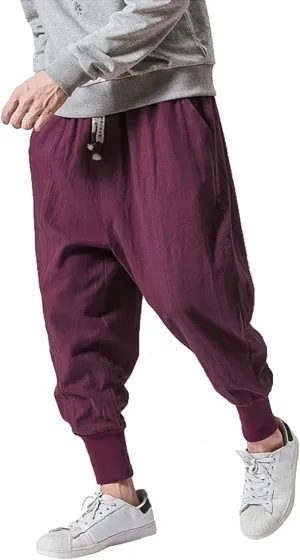 Men's Cotton Linen Pants Drawstring Elastic Waist Cinch Bottoms Summer Beach Pants Loose Fit Drop Crotch Trousers