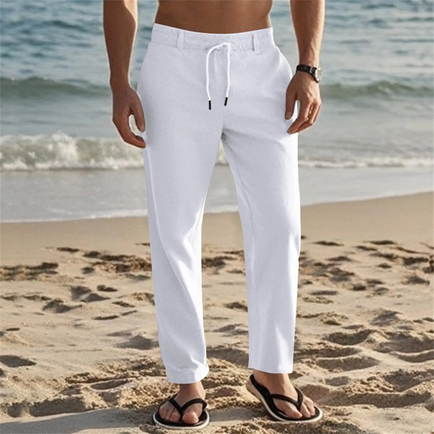 Men's Cotton Linen Pants Loose Fit Straight Legs Elastic Waist Drawstring Lounge Trousers Plus Size Baggy Beach Pants