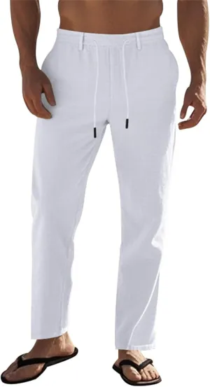 Men's Cotton Linen Pants Loose Fit Straight Legs Elastic Waist Drawstring Lounge Trousers Plus Size Baggy Beach Pants