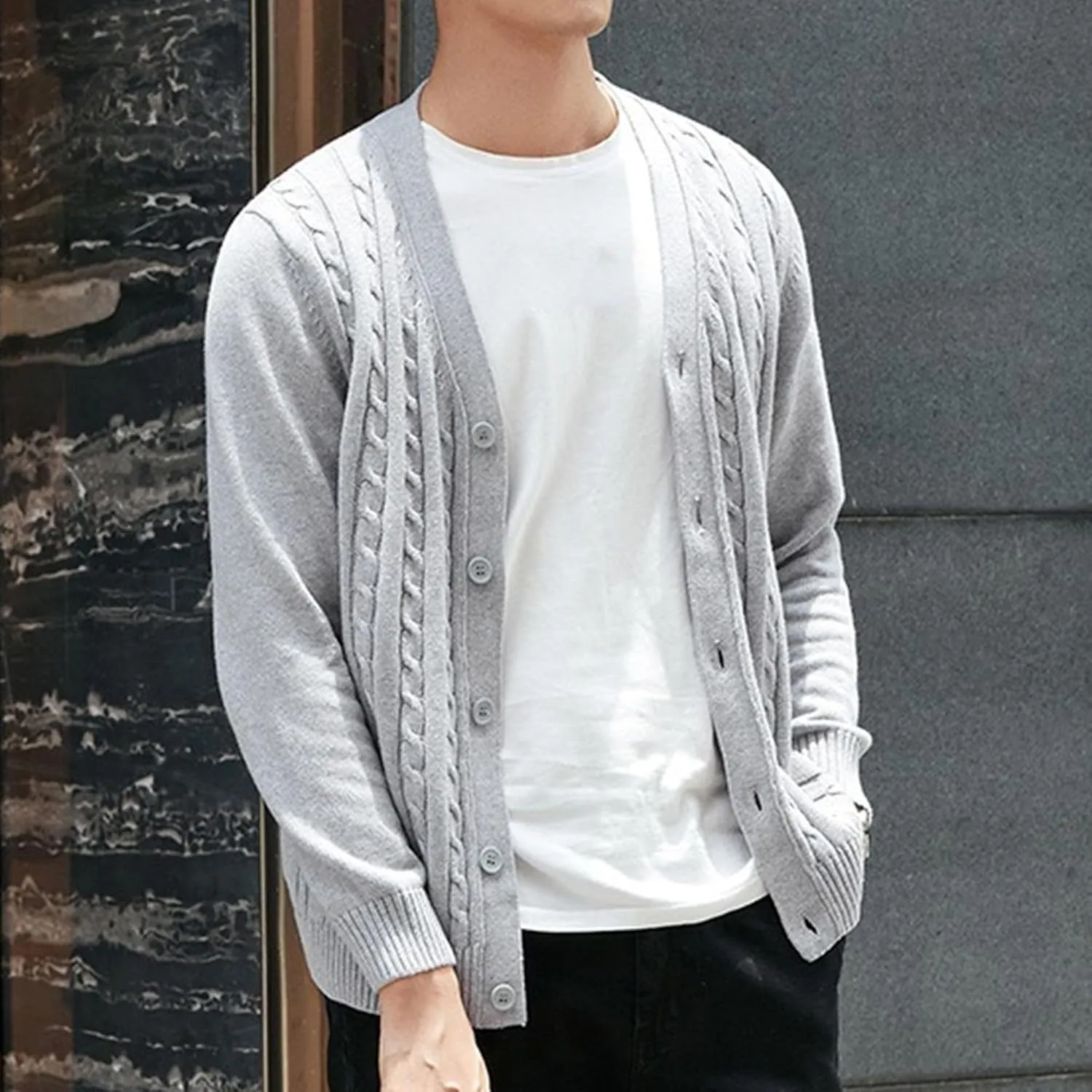 Mens Fashion Casual Slim Fit Cardigan Button Down Cable Knitted Open Sweater Stand Collar Ribbed Warm Cardigan