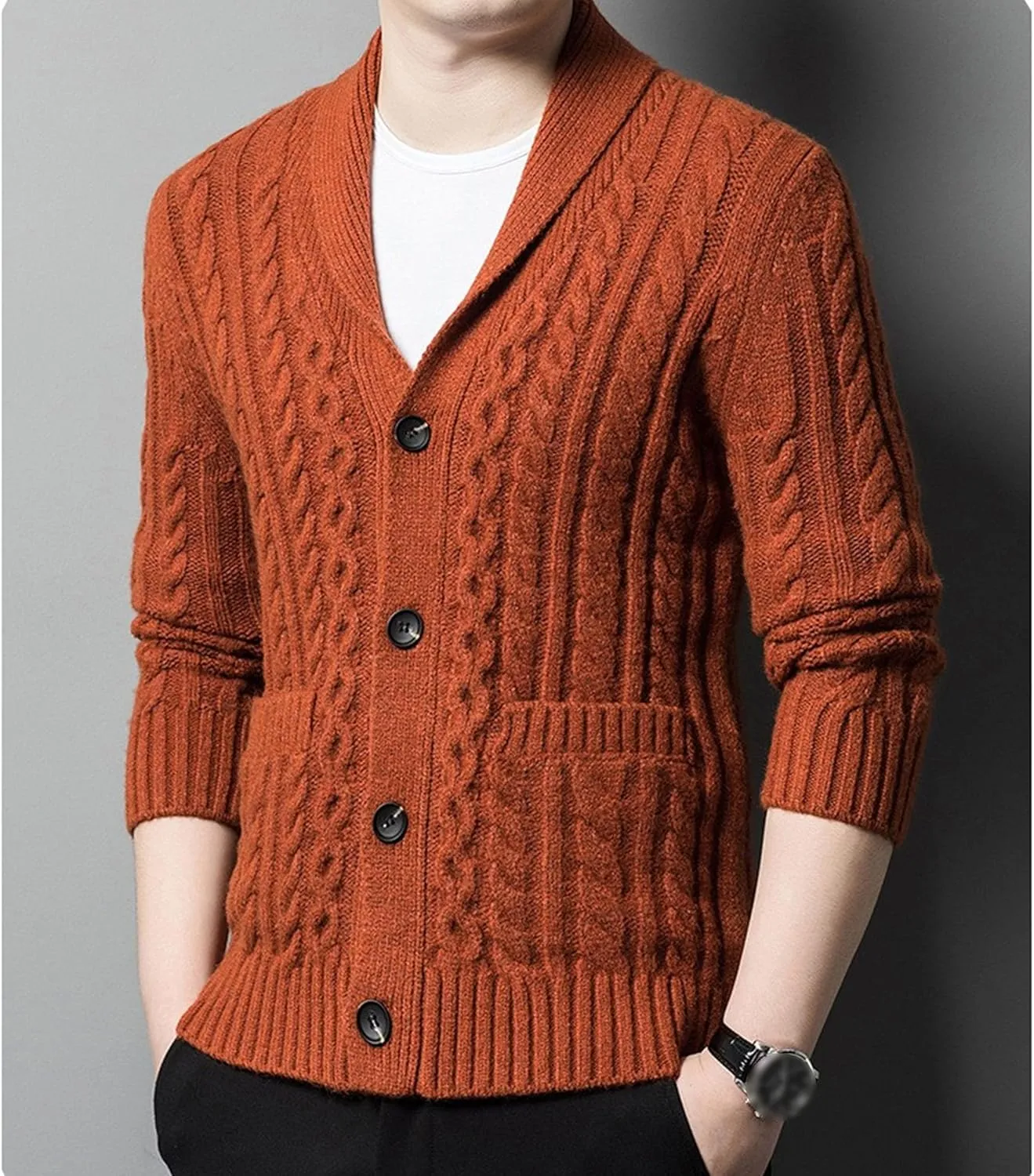 Mens Fit Long Sleeve Casual Cardigans Button Down Cable Knitted Sweater with Pockets Winter Chunky Open Sweaters