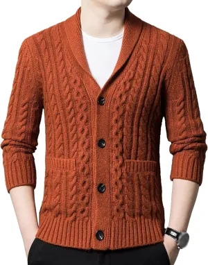Mens Fit Long Sleeve Casual Cardigans Button Down Cable Knitted Sweater with Pockets Winter Chunky Open Sweaters