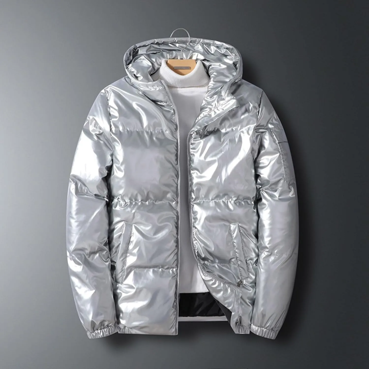 Mens Glossy Puffer Jacket Shiny Down Jacket Hooded Quilted Insulated Jacket Zip up Padded Coat Warm Winter Coats
