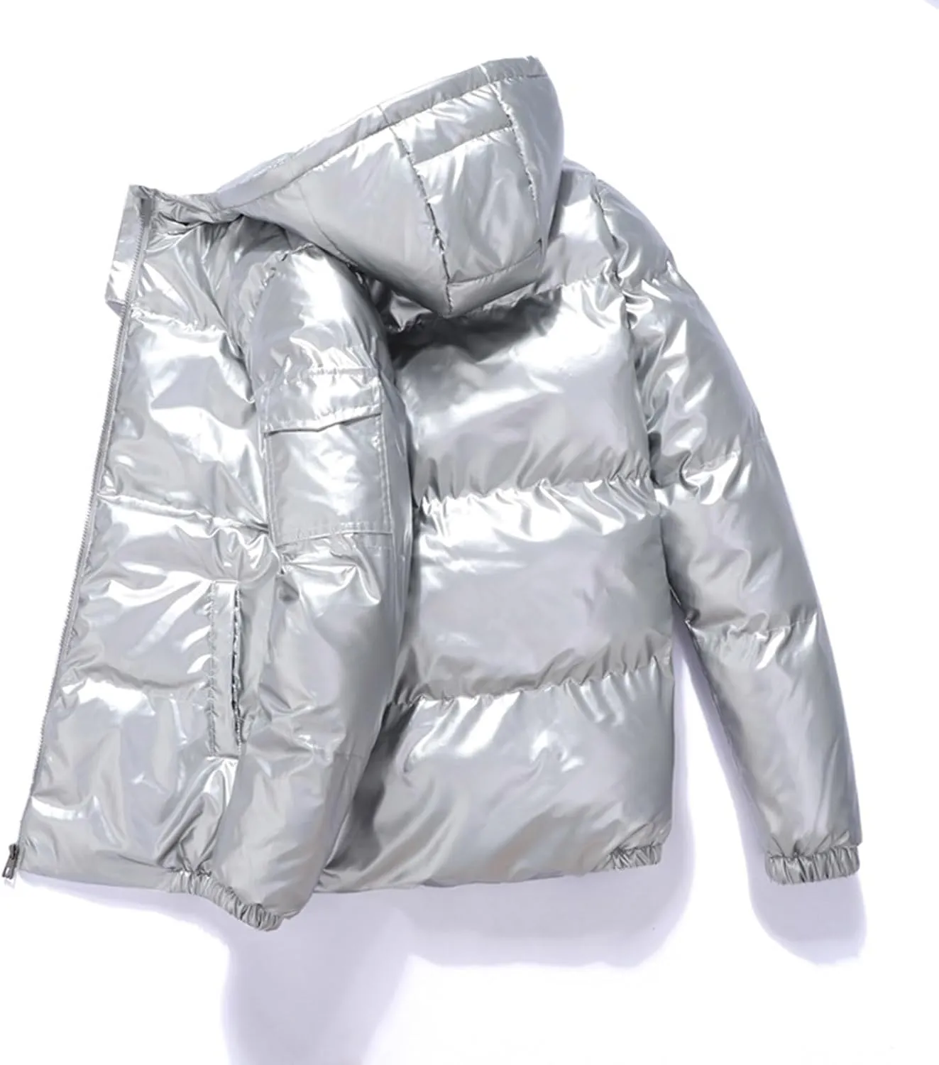 Mens Glossy Puffer Jacket Shiny Down Jacket Hooded Quilted Insulated Jacket Zip up Padded Coat Warm Winter Coats