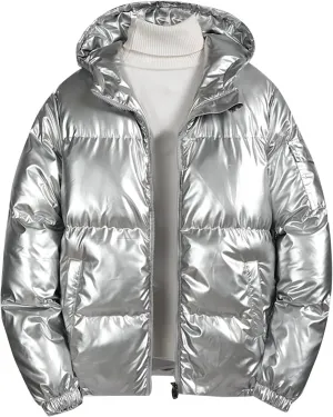 Mens Glossy Puffer Jacket Shiny Down Jacket Hooded Quilted Insulated Jacket Zip up Padded Coat Warm Winter Coats