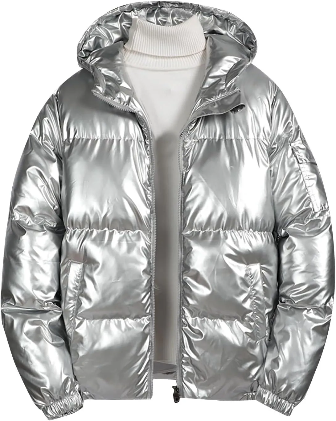 Mens Glossy Puffer Jacket Shiny Down Jacket Hooded Quilted Insulated Jacket Zip up Padded Coat Warm Winter Coats
