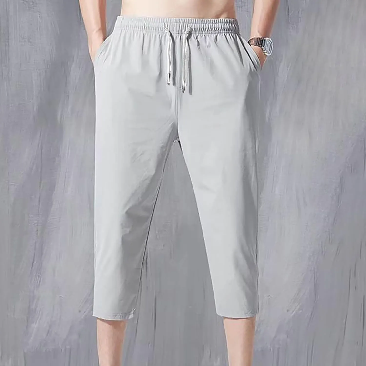 Mens Harem Capri Pants Casual Dressy 3/4 Shorts Elastic Waist Beach Hippie Yoga Trousers with Multi Pockets Pants