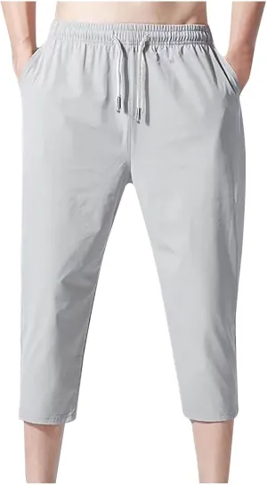 Mens Harem Capri Pants Casual Dressy 3/4 Shorts Elastic Waist Beach Hippie Yoga Trousers with Multi Pockets Pants