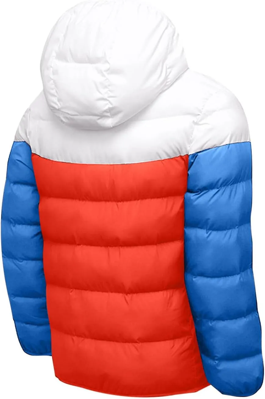 Men's Hooded Puffer Jackets Winter Warm Down Coats Trendy Color Block Outdoor Puffy Jacket Outerwear with Pockets