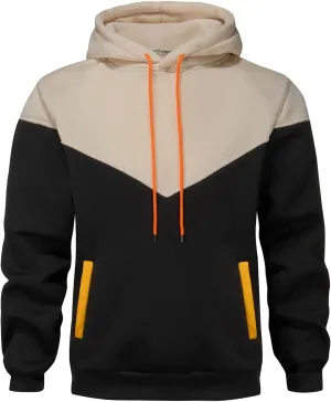 Mens Hoodies Patchwork Pullover Fleece Color Block Long Sleeve Sweatshirts Casual Tops with Pocket