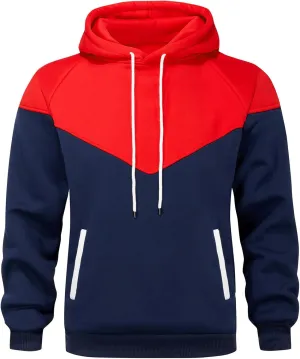 Mens Hoodies Patchwork Pullover Fleece Color Block Long Sleeve Sweatshirts Casual Tops with Pocket