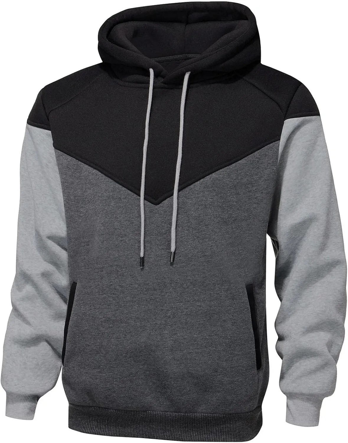 Mens Hoodies Patchwork Pullover Fleece Color Block Long Sleeve Sweatshirts Casual Tops with Pocket
