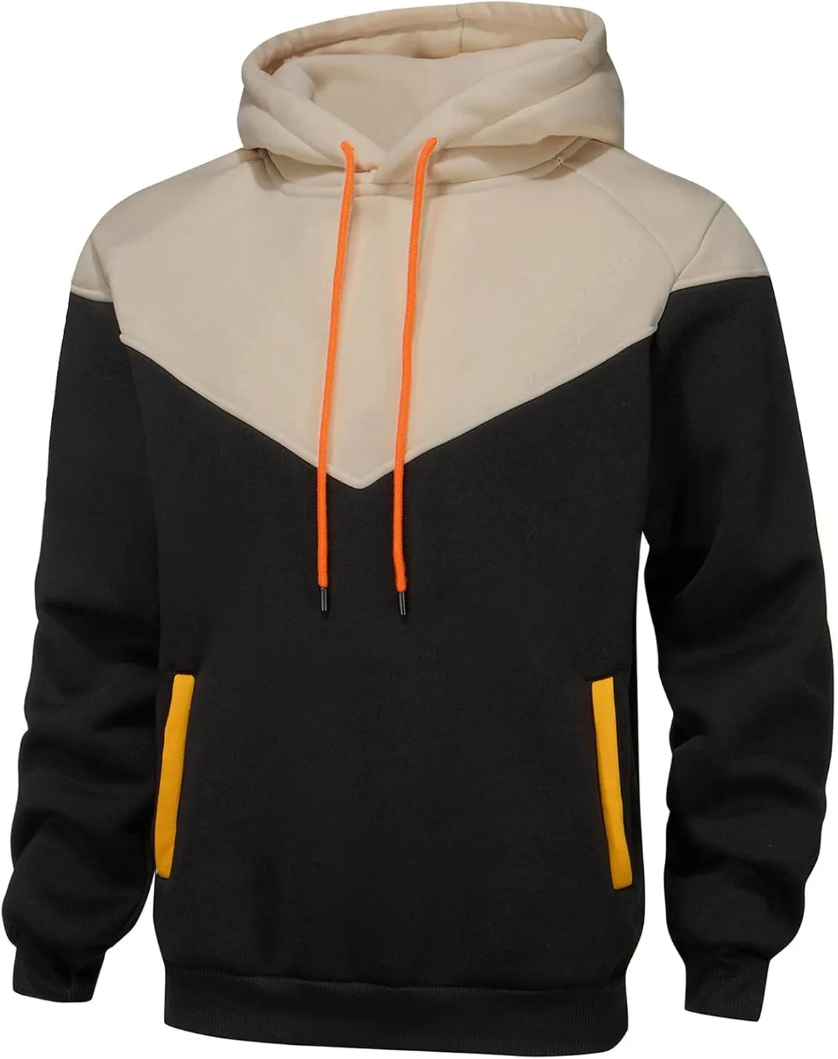 Mens Hoodies Patchwork Pullover Fleece Color Block Long Sleeve Sweatshirts Casual Tops with Pocket