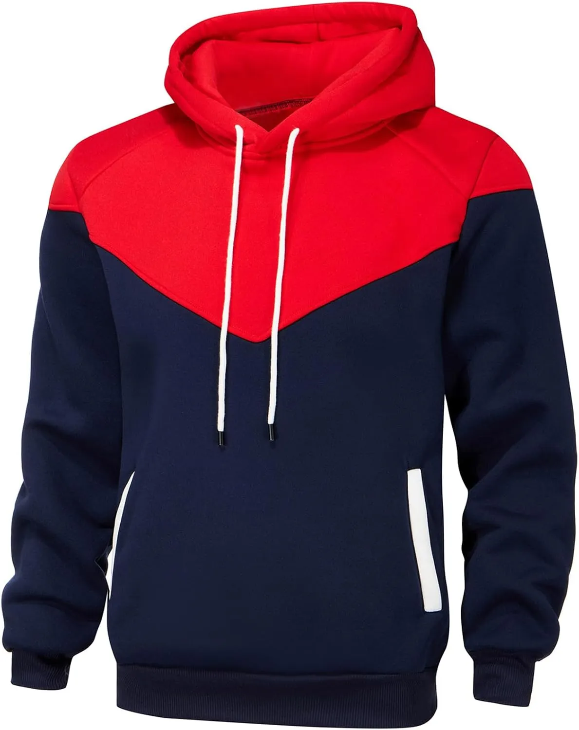 Mens Hoodies Patchwork Pullover Fleece Color Block Long Sleeve Sweatshirts Casual Tops with Pocket