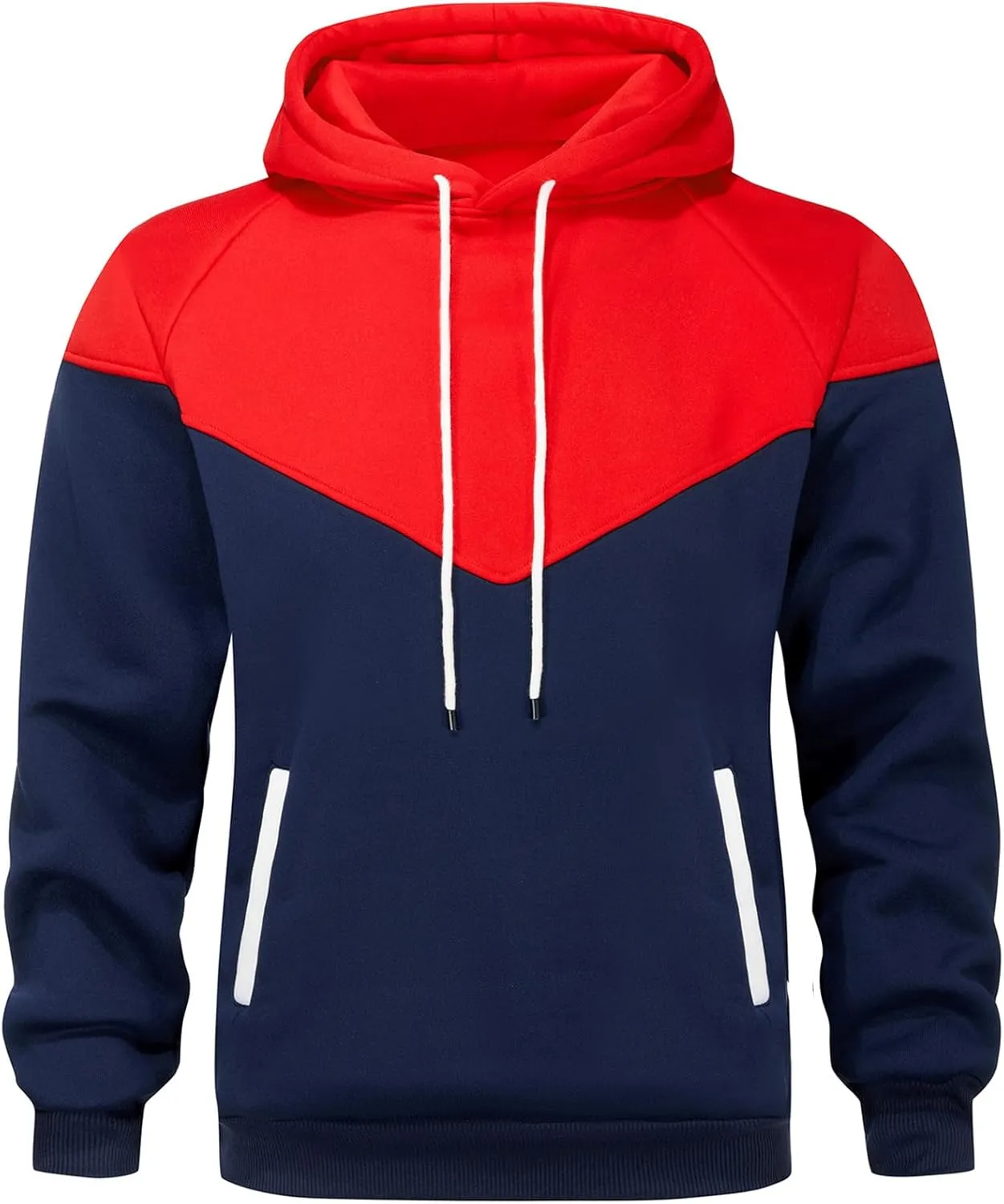 Mens Hoodies Patchwork Pullover Fleece Color Block Long Sleeve Sweatshirts Casual Tops with Pocket
