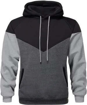 Mens Hoodies Patchwork Pullover Fleece Color Block Long Sleeve Sweatshirts Casual Tops with Pocket