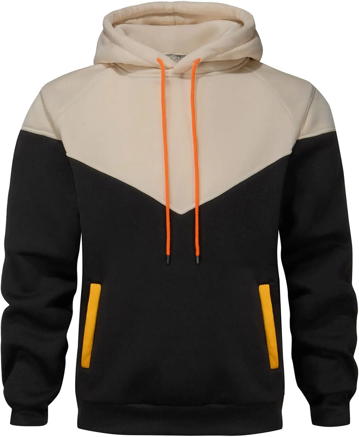 Mens Hoodies Patchwork Pullover Fleece Color Block Long Sleeve Sweatshirts Casual Tops with Pocket