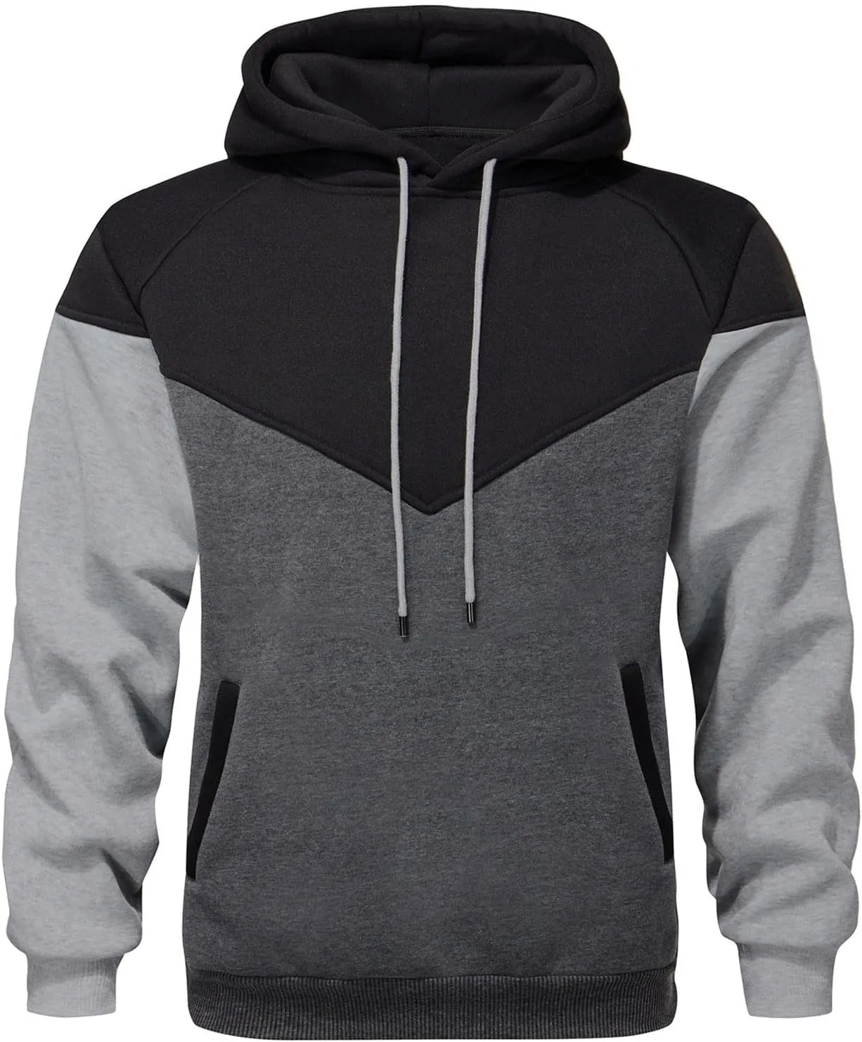 Mens Hoodies Patchwork Pullover Fleece Color Block Long Sleeve Sweatshirts Casual Tops with Pocket