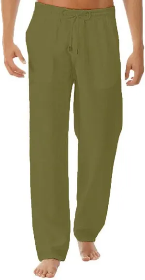 Mens Linen Beach Pants Lightweight Trousers Big and Tall Casual Lounge Drawstring Solid Color Pants with Pockets