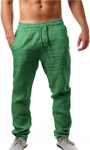 Mens Linen Beach Pants Solid Vacation Summer Slacks Open Bottom Casual Elastic Waist Drawstring Trousers with Pockets