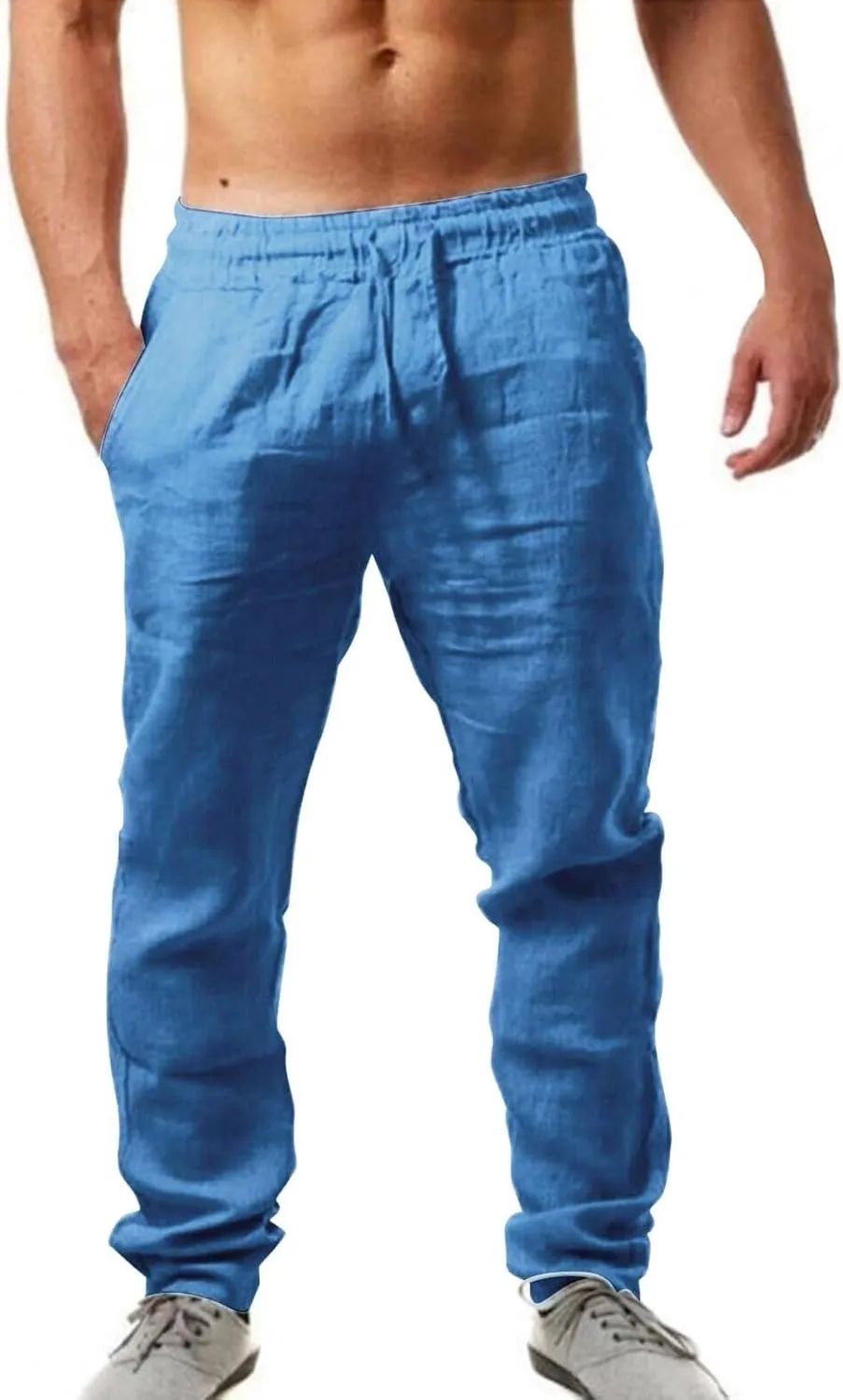 Mens Linen Beach Pants Solid Vacation Summer Slacks Open Bottom Casual Elastic Waist Drawstring Trousers with Pockets