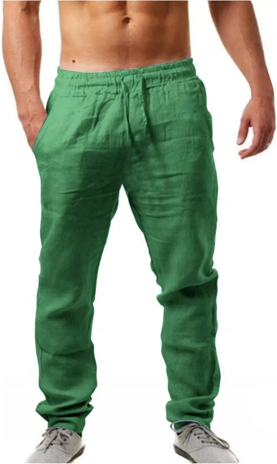 Mens Linen Beach Pants Solid Vacation Summer Slacks Open Bottom Casual Elastic Waist Drawstring Trousers with Pockets