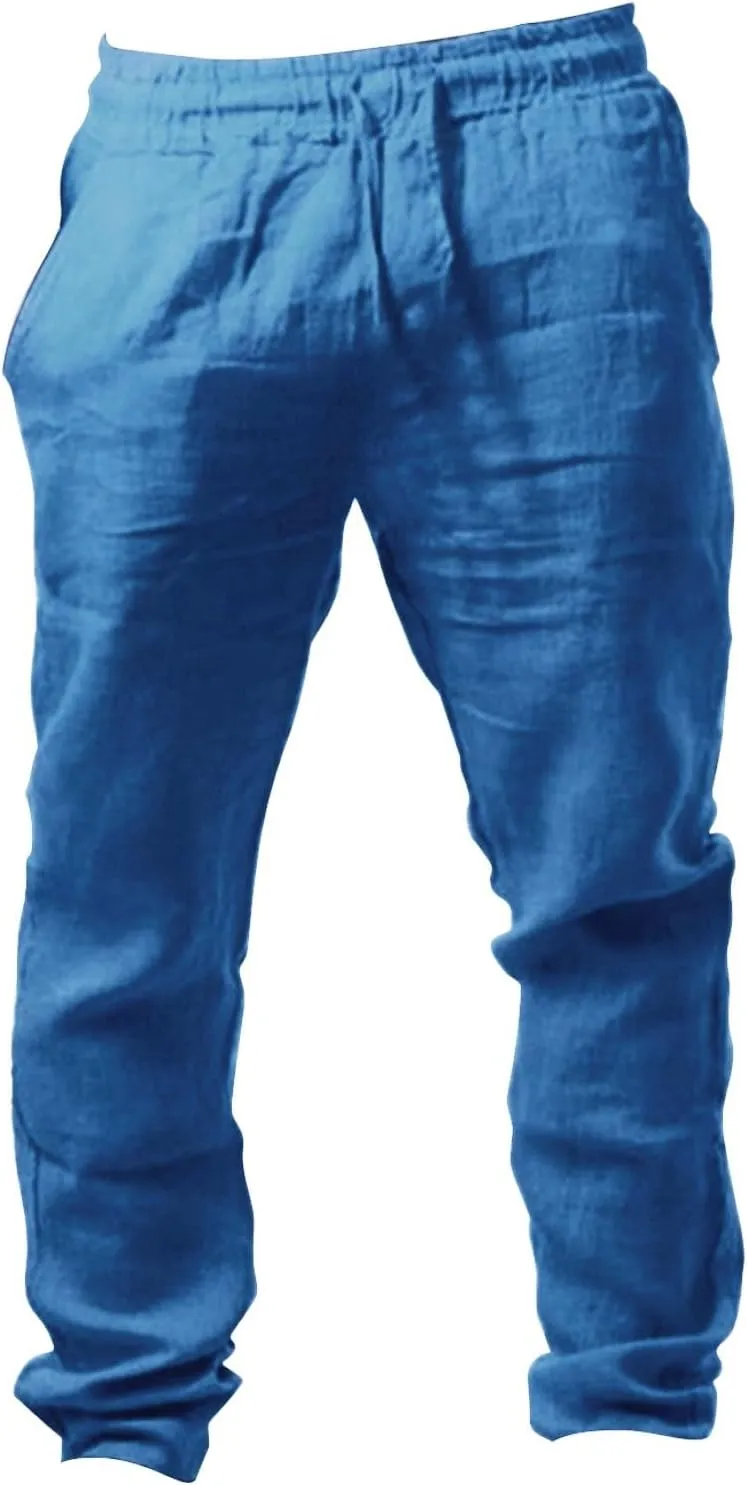 Mens Linen Beach Pants Solid Vacation Summer Slacks Open Bottom Casual Elastic Waist Drawstring Trousers with Pockets