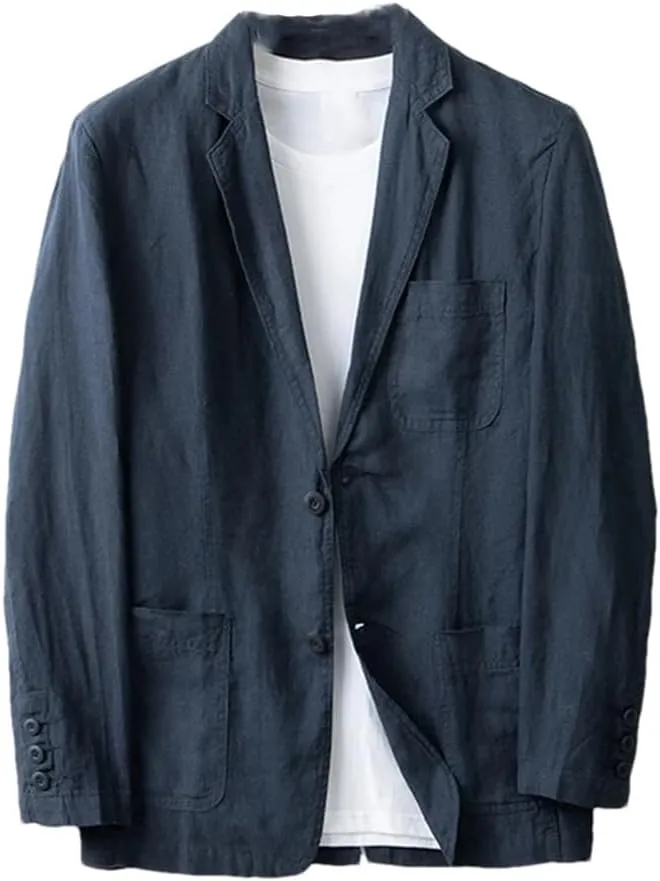 Men's Linen Blazer Thin Long Sleeve buttons Lapel Solid Color Slim Fit Suit Jackets