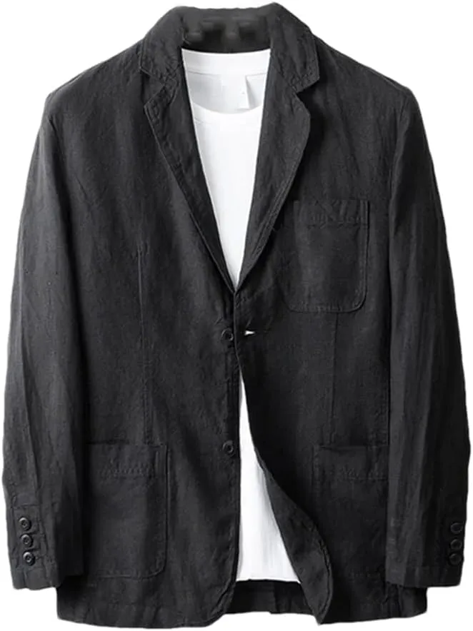 Men's Linen Blazer Thin Long Sleeve buttons Lapel Solid Color Slim Fit Suit Jackets