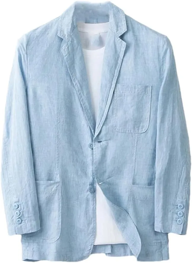 Men's Linen Blazer Thin Long Sleeve buttons Lapel Solid Color Slim Fit Suit Jackets