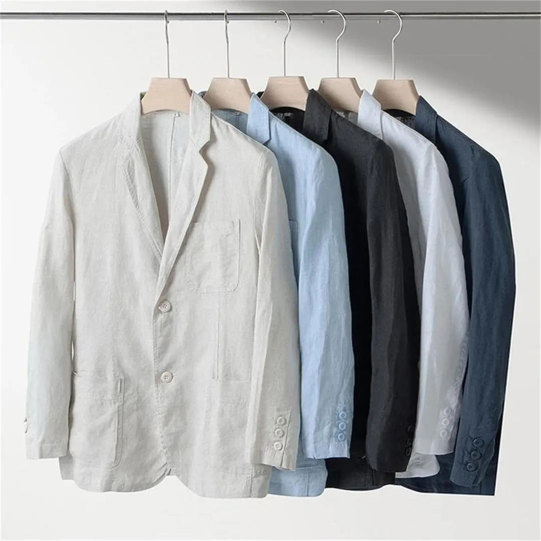 Men's Linen Blazer Thin Long Sleeve buttons Lapel Solid Color Slim Fit Suit Jackets