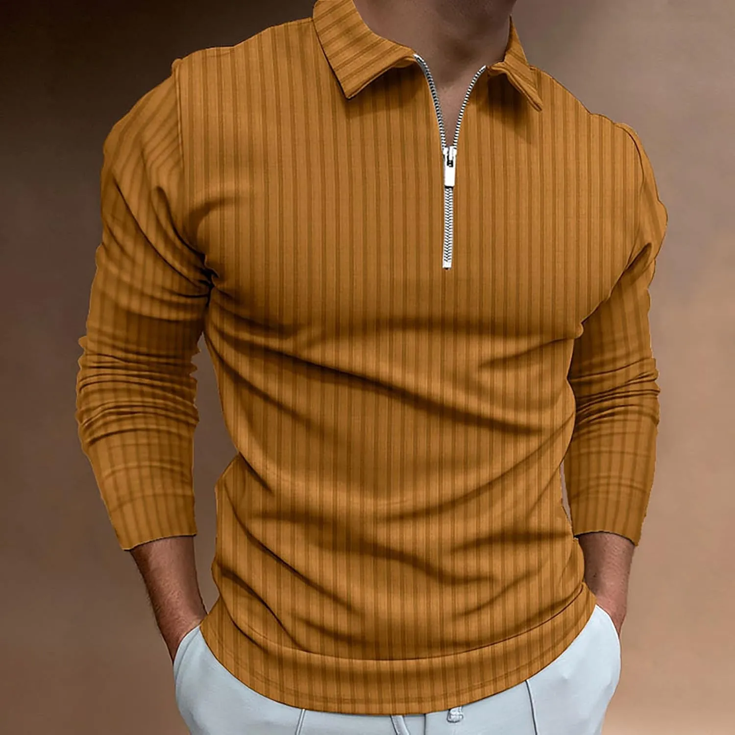 Men's Long Sleeve Polo Shirt Zip Neck Business Casual Tops Ribbed Workout Tee Shirts