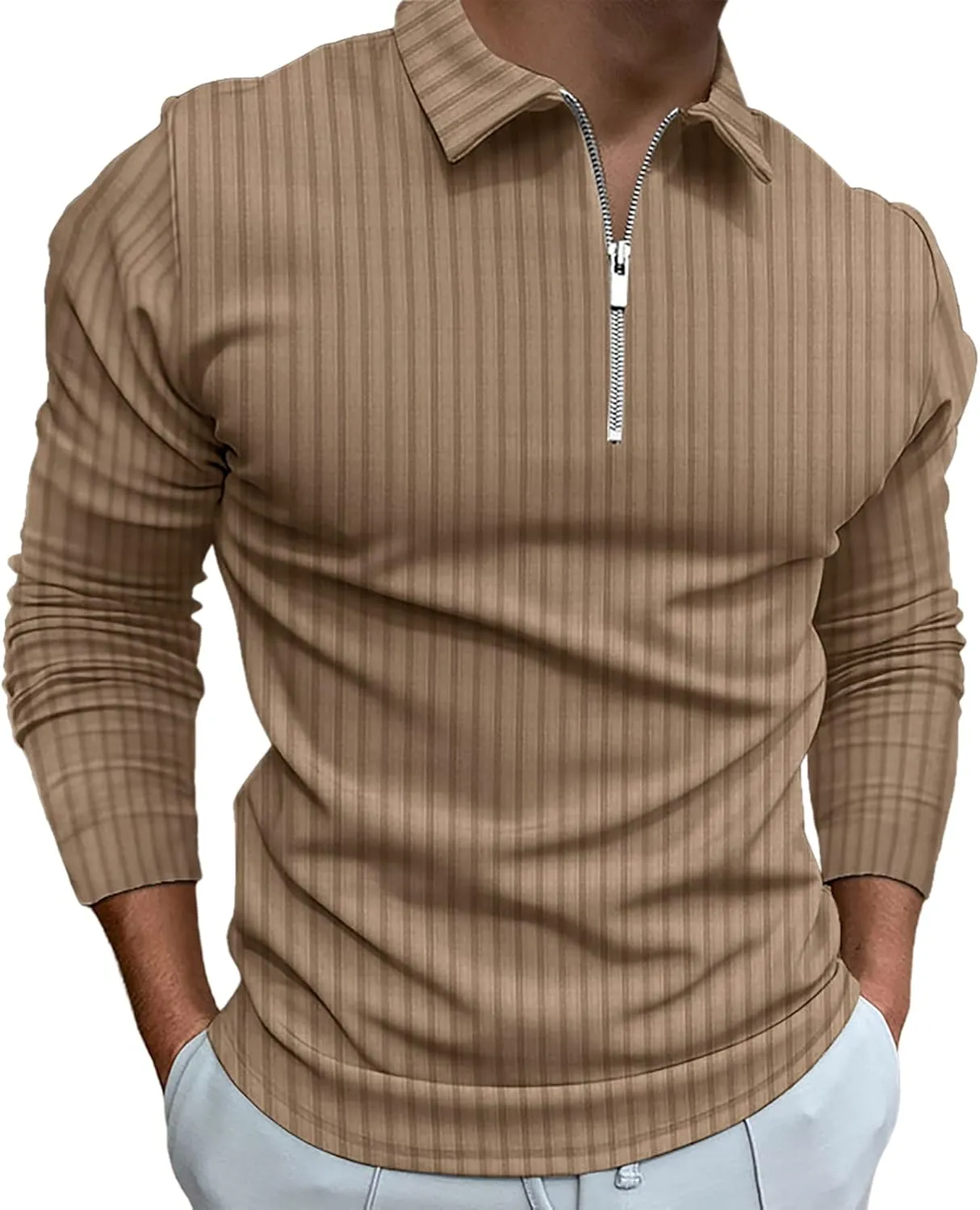 Men's Long Sleeve Polo Shirt Zip Neck Business Casual Tops Ribbed Workout Tee Shirts