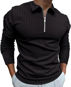 Men's Long Sleeve Polo Shirt Zip Neck Business Casual Tops Ribbed Workout Tee Shirts
