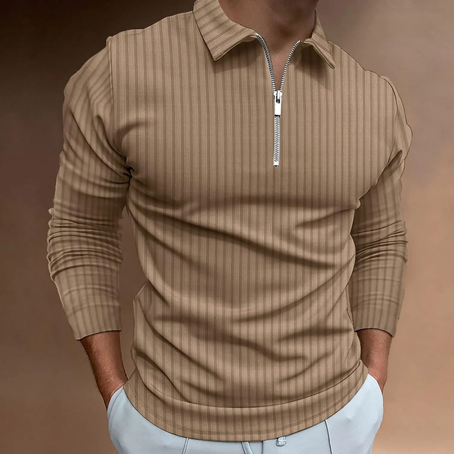 Men's Long Sleeve Polo Shirt Zip Neck Business Casual Tops Ribbed Workout Tee Shirts