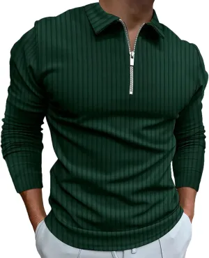 Men's Long Sleeve Polo Shirt Zip Neck Business Casual Tops Ribbed Workout Tee Shirts
