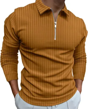 Men's Long Sleeve Polo Shirt Zip Neck Business Casual Tops Ribbed Workout Tee Shirts