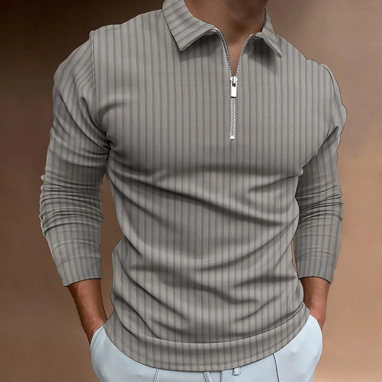 Men's Long Sleeve Polo Shirt Zip Neck Business Casual Tops Ribbed Workout Tee Shirts