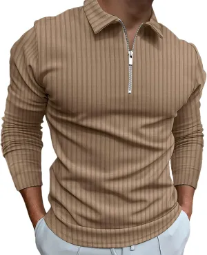 Men's Long Sleeve Polo Shirt Zip Neck Business Casual Tops Ribbed Workout Tee Shirts